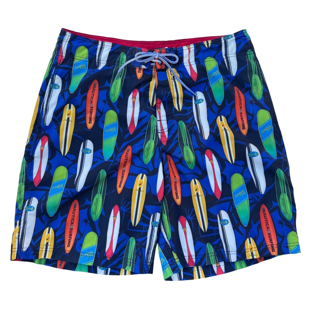 Vintage Nautica Swimsuit Shorts Men's 38 Blue Good Surfboard Print Board Trunks